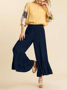 Women's High Waist Palazzo Pants - Elastic Stretchy Wide Leg Lounge Pants With Ruffle Ruched Detail, Loose Fit Boho Beach Trousers For Vacation Summer Casual - Màu xanh lam - Xem 2