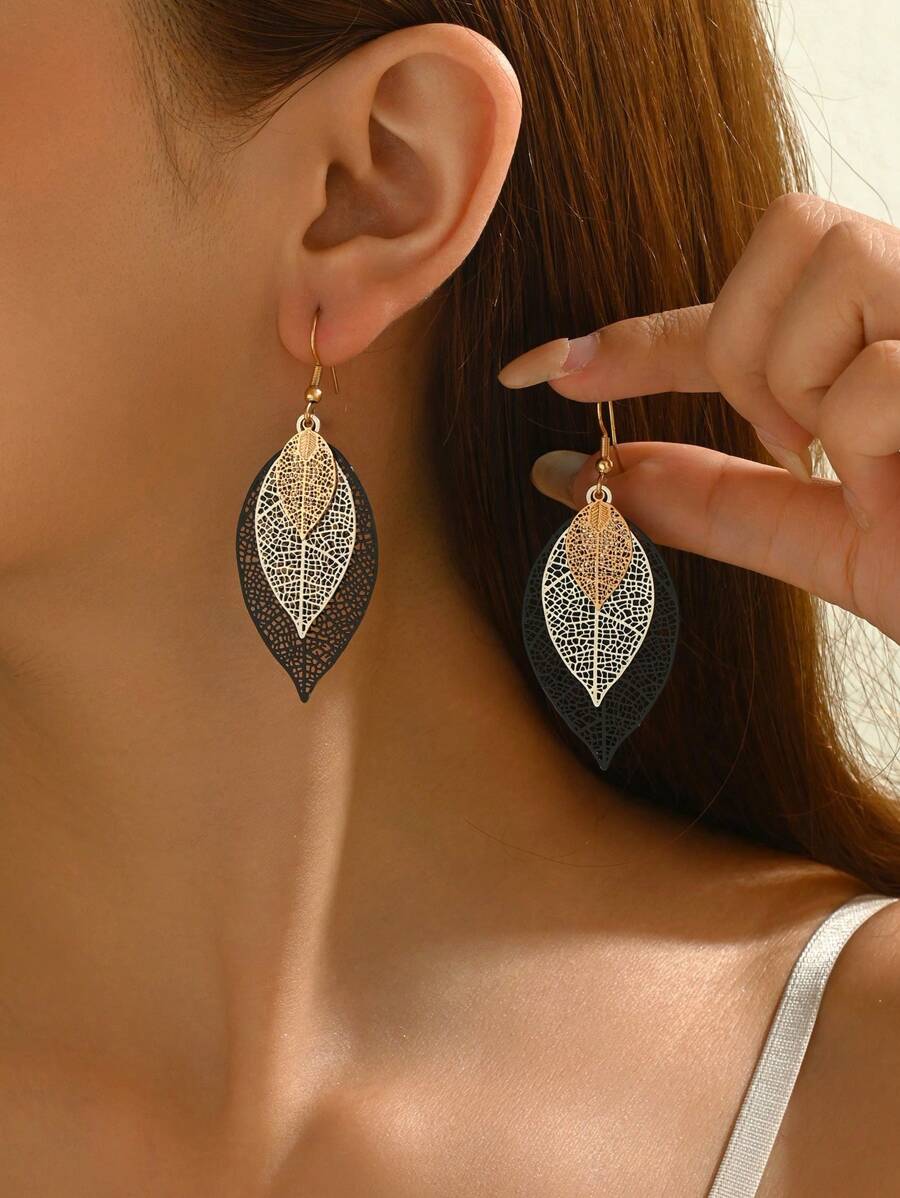 1 对女士复古时尚百搭叶子镂空金属耳环，适合度假和日常佩戴 - 黑色992 - 查看 1