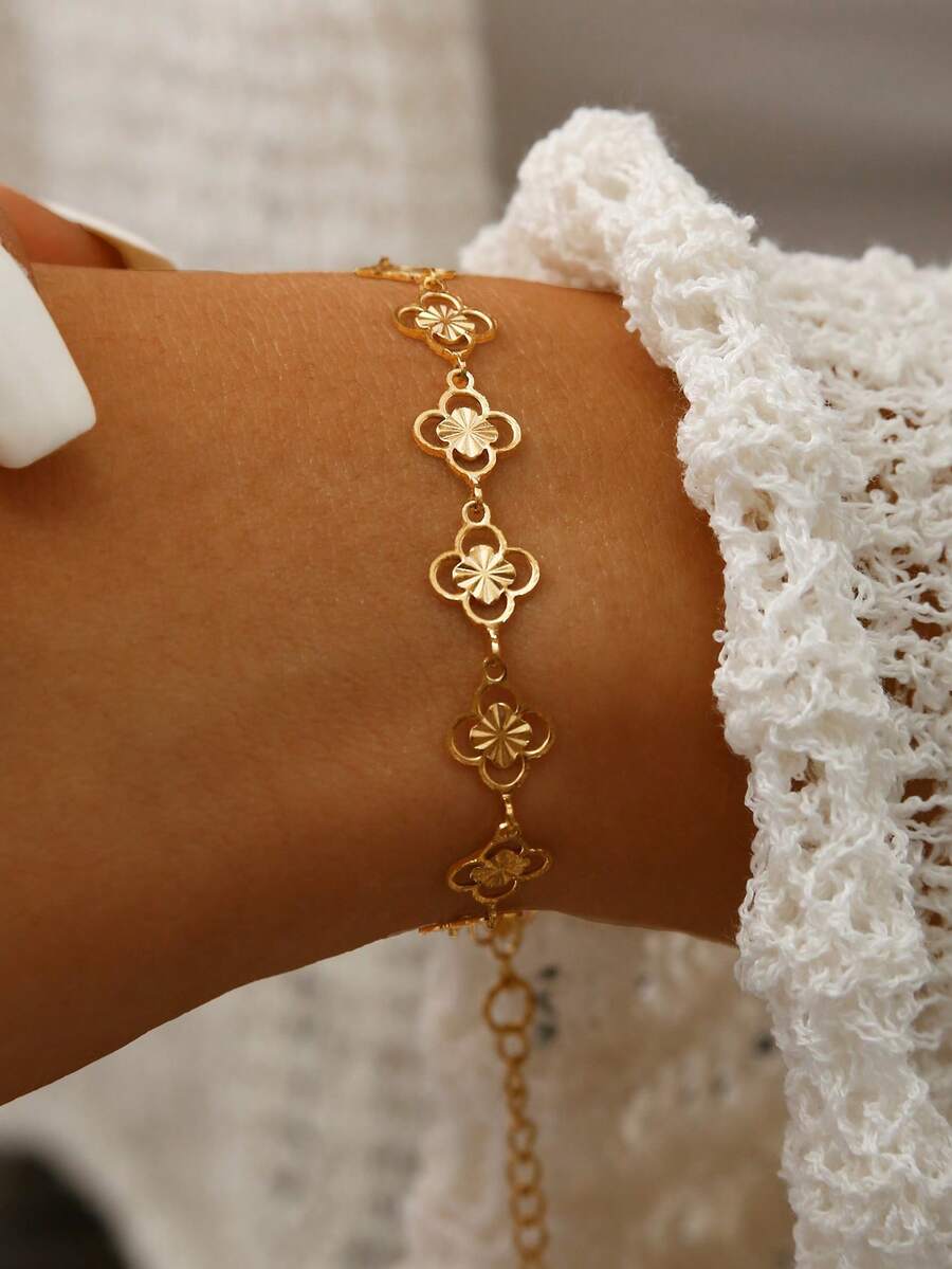 TONSI 1 件优雅奢华复古法国高端不锈钢 18K 镀金四叶草链式手链，适合假期、旅行、工作、日常佩戴、派对、聚会 - 女士珠宝，镂空四叶草项链和手链首饰套装，不褪色女士珠宝配饰