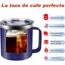 Termo para Cafe de Acero Inoxidable 14OZ,Taza Termica de Asa de 400ML,con Tapa Hermética,2-Pajita y 2-Cepillo de Limpieza,Taza Termica Frio y Caliente Portátil,Vaso de Viaje para Cafe,Té,Agua y Bebidas - AZUL - Ver 5