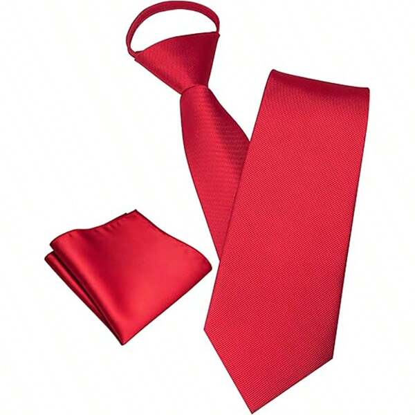Men's Tie Set Solid Solid Color 3.15inch (8CM) Classic Formal Plain Pre-Tied Necktie, Adjustable Necktie And Pocket Square Set For Men