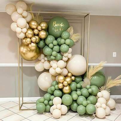 Bộ trang trí cổng bóng bay màu xanh lá cây nhạt và vàng kim gồm 117 quả, bao gồm bóng bay màu xanh lá cây nhạt, trắng và vàng kim, thích hợp cho tiệc mừng em bé chào đời, tiệc sinh nhật, tiệc chủ đề rừng rậm, trang trí đám cưới.