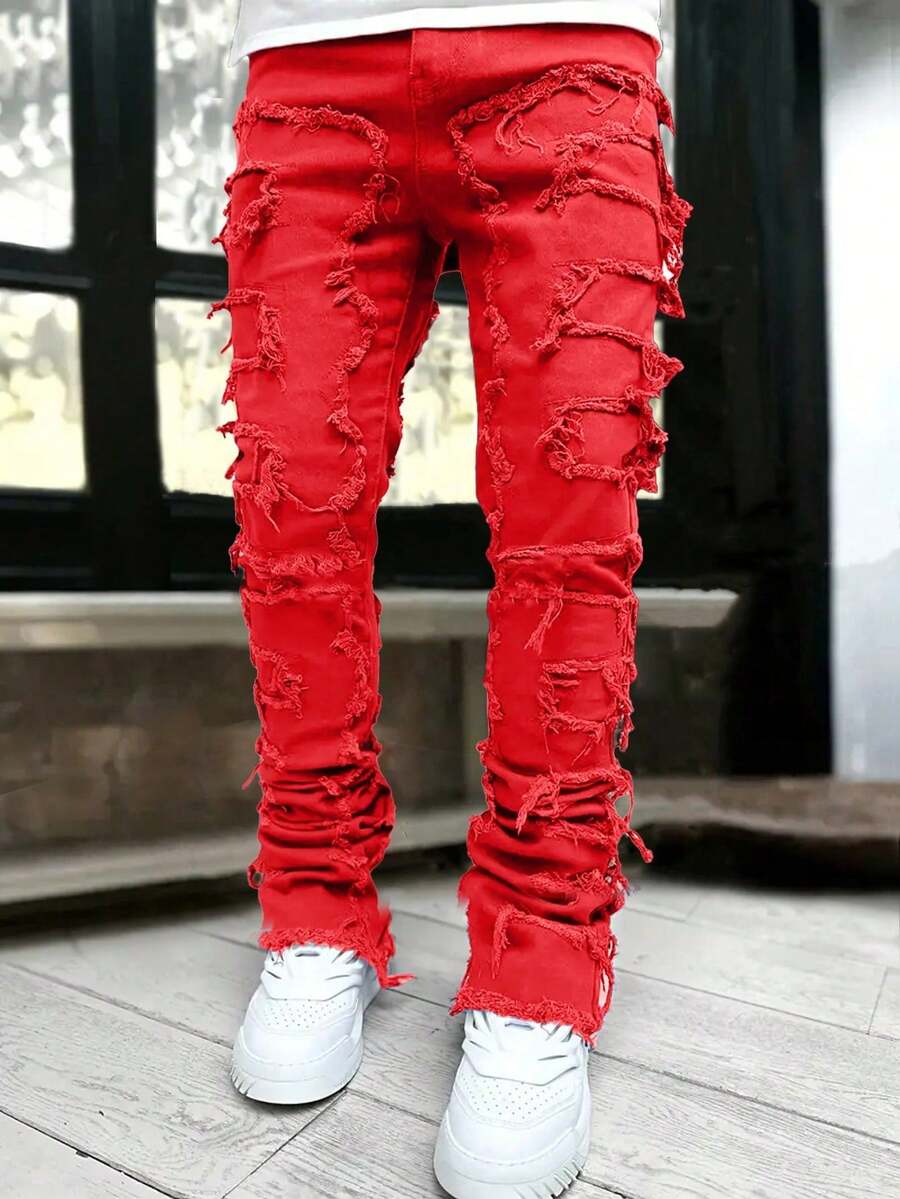 Quần jeans denim tua rua sáng tạo dành cho bé trai tuổi teen - Đỏ - Xem 1