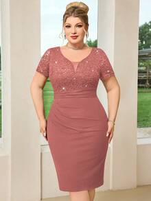 Plus Deep V-Neck Sequin Floral Lace Ruched Hem Bodycon Dress - Dusty Pink - View 5