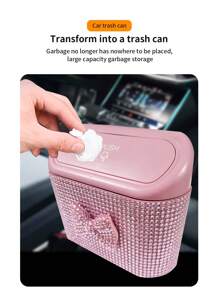 Car-Mounted Cute Bow Diamond-Studded Trash Can, Portable Press-Type Car Trash Can, Sparkling Diamond Trash Can, Car Decorative Trash Can