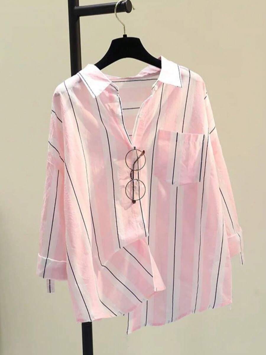大码女式条纹落肩长袖口袋设计休闲宽松衬衫 - 粉色 - 查看 1