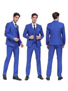 Men's Suits Gentleman Simple Slim Fit Single Breasted Business 3 Pieces Suit For Men Blazer Vest Pants Set Wedding Party Holiday Travel Size XS-3XL Fall Winter Clothes For Men - 寶藍色 - 查看 4