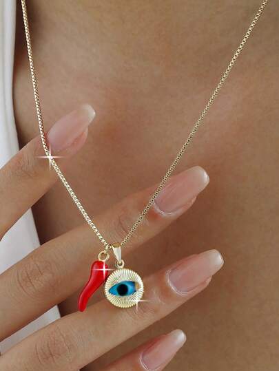 1 pieza Collar con colgante de ojo malvado y pimiento rojo, joyería creativa bohemia para mujer, ideal para vacaciones, viajes, fiestas, festivales de música, regalo de cobre