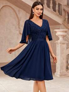 MIUSOL Floral Lace Panel Butterfly Sleeve Chiffon Prom Party Swing Dress, Valentine's Day - Navy Blue - View 6