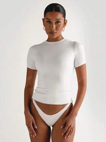 Camiseta casual básica blanca de mujer con cuello redondo, manga corta, ajuste ceñido y deportivo de XLLAIS Petite