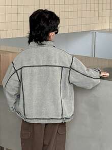 Boys' Loose Fit Denim Jacket, Suitable For Casual, School, Outdoor Wear, Autumn - Grey - View 3