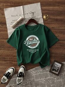新款春夏女装小众设计字母印花圆领休闲百搭少女 100% 纯棉短袖 T 恤，背面上衣学校 - 綠色 - 查看 2