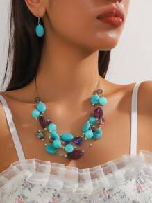 Boho-Chic 3pcs Summer Jewelry Set - Colorful Beaded & Turquoise Necklace And Earrings, Perfect For Parties & Vacations - Pink - View 10