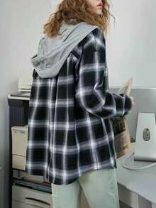 Vintage Hooded Loose Casual Slouchy Plaid Shacket, Versatile For Women, Spring/Autumn