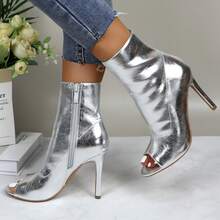 Womens Peep Toe Stiletto Booties Side Zipper High Heel Open Toe Ankle Boots CHARLIE-212 - Bạc - Xem 4