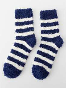 1Pair Women Khaki Socks With White Stripes Winter Cozy Warmly Soft Fuzzy Socks Comfort Fluffy Anklet Crew Socks