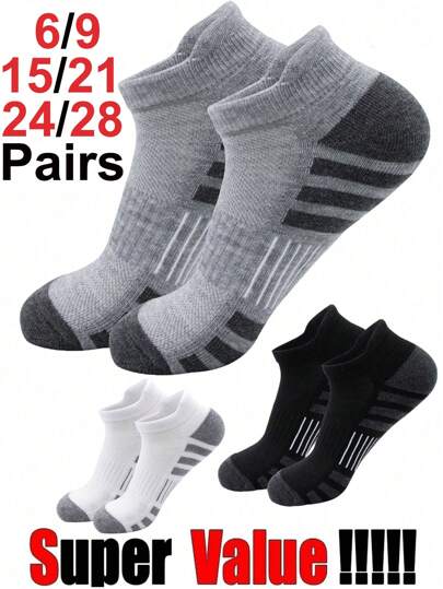 28 pares de calcetines tobilleros deportivos para hombres, transpirables, resistentes al olor y que absorben la humedad, de tela de punto suave y cómoda. Ideales para volver al colegio, carnaval, Ramadán, para usar en casa, patinaje, ciclismo, correr, viajar, senderismo y diversos deportes. Son cálidos y de secado rápido.