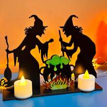 Halloween Wooden Candle Holder Decor, Black House, Witch Silhouette, Seasonal Tabletop Decoration, Halloween Themed Decor Home Decor Halloween Decor Room Decor