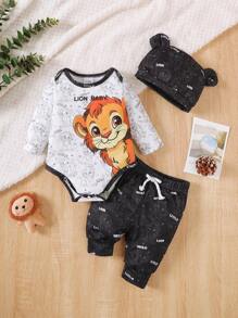 3件套“勇敢小狮子宝宝”幼儿长袖上衣、狮子印花裤子和带耳朵帽子套装，轻盈柔软
