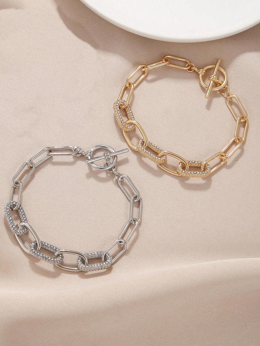 2 piezas Brazaletes punk de hebilla geométrica rectangular de estilo hip-hop - 1 de oro 1 de plata - Ver 1
