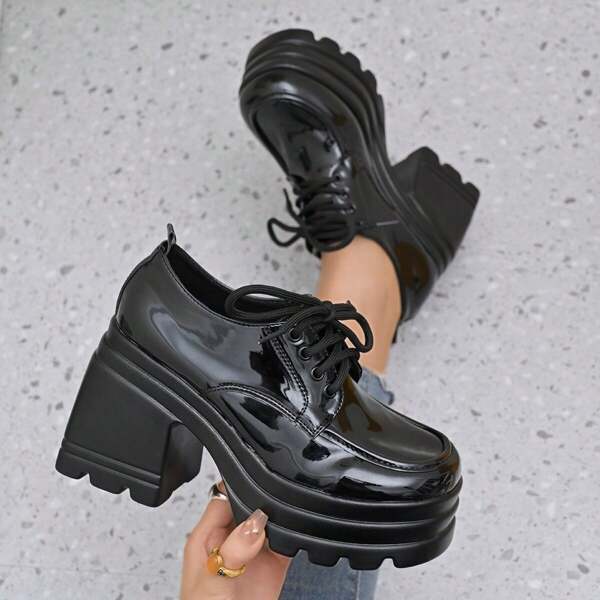 Thick Sole Lace-Up Platform Mary Jane Shoes, Round Toe Loafers, Cute &