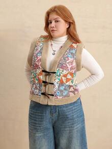 Rusttydustty Giacca smanicata bohémien con stampa geometrica colorblock e patchwork, calda e alla moda, adatta per l'autunno/inverno - Moka Marrone - Visualizzare 4