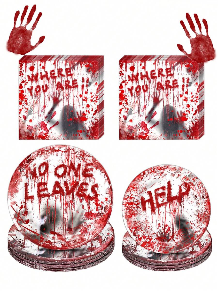 30pcs Halloween Bloody Rave Party Table Runner Set Tableware Set:Includes 10 Halloween Napkins, 10 9-Inch Plates And 10 7-Inch Plates For Halloween Zombie Skeleton Bloody Party Table Decorations - Halloween Party Decorations