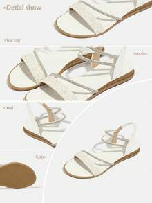 Sandales plates pour femmes, nouvelles sandales plates de plage d'été décontractées à la mode avec décoration par transfert d'eau pour femmes - Blanc - Voir 9