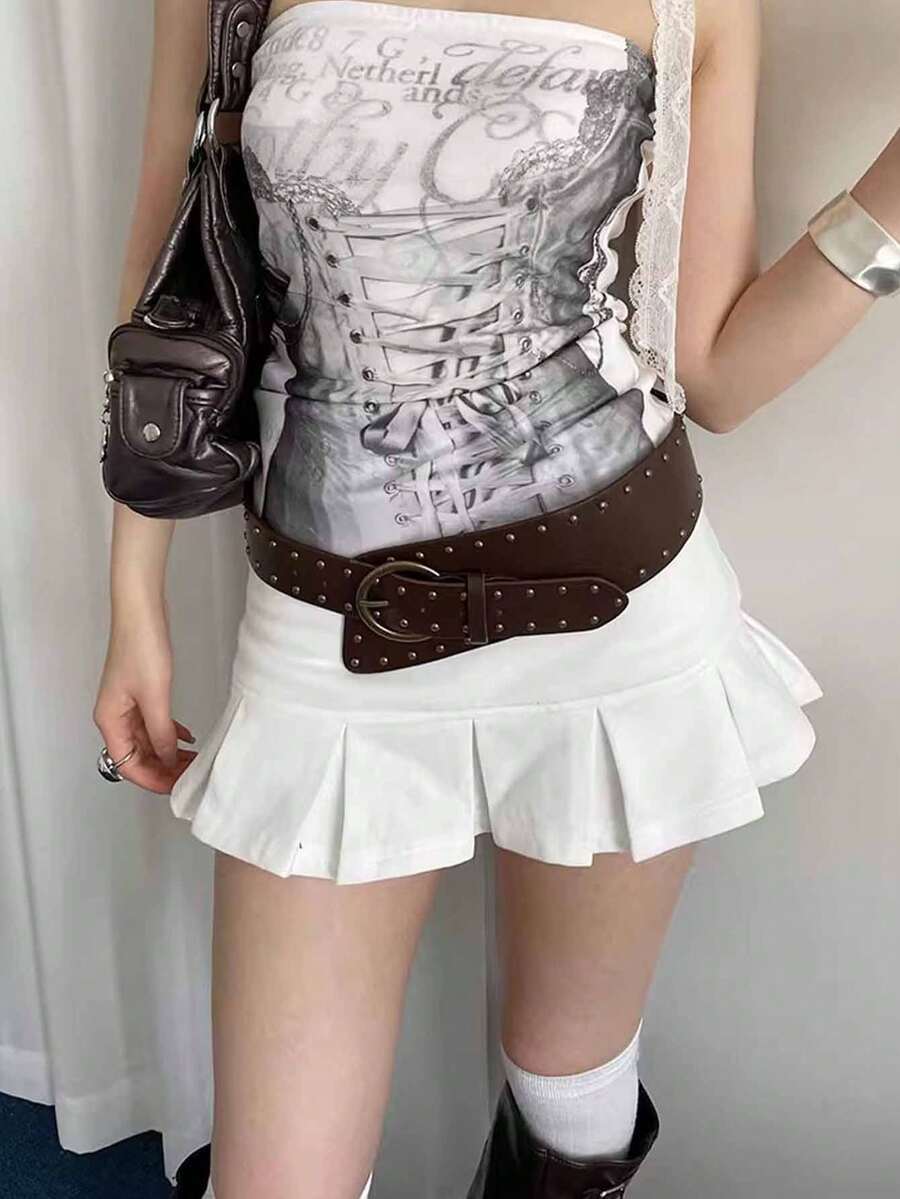 1 件女士咖啡色 PU 皮革朋克复古铆钉设计宽腰带秋季、秋季、万圣节 - 咖啡 - 查看 1