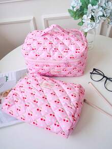 1 件/套 红色樱桃印花绗缝化妆包，时尚可爱多功能便携大容量拉链化妆包，化妆包，小型化妆包，化妆盒，可爱化妆包，化妆包，卫生巾包，情人节礼物，有线耳机，旅行化妆包，护肤化妆品和美容包，护士化妆包，节日礼物，返校礼物 - 粉色 - 查看 2