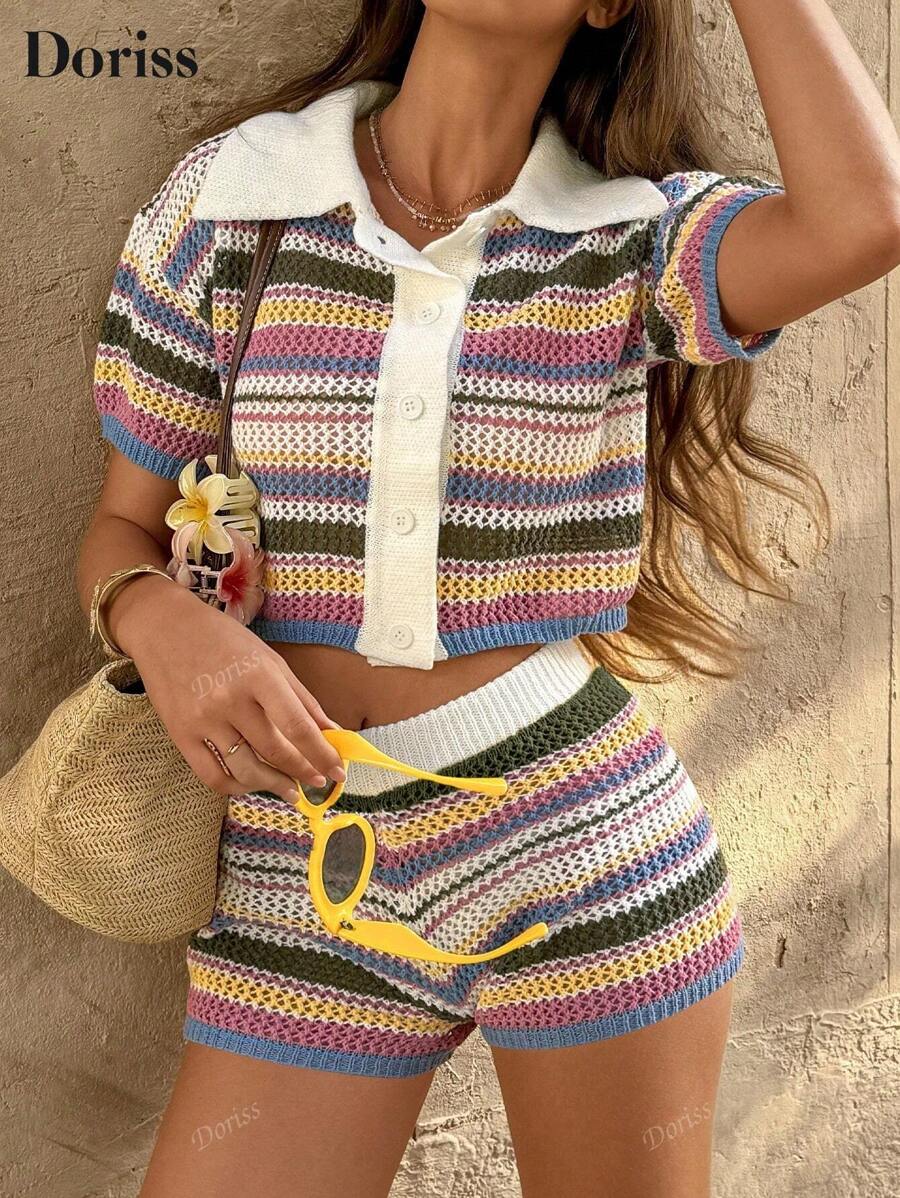 Conjunto de 2 piezas de mujer con cárdigan de manga corta a rayas y un solo botón y shorts de punto. Estilo vacacional, para otoño/invierno.