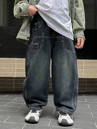 Jeans in denim con vestibilità ampia per ragazzi, adatti per uso casual, scolastico e all'aperto, per l'autunno