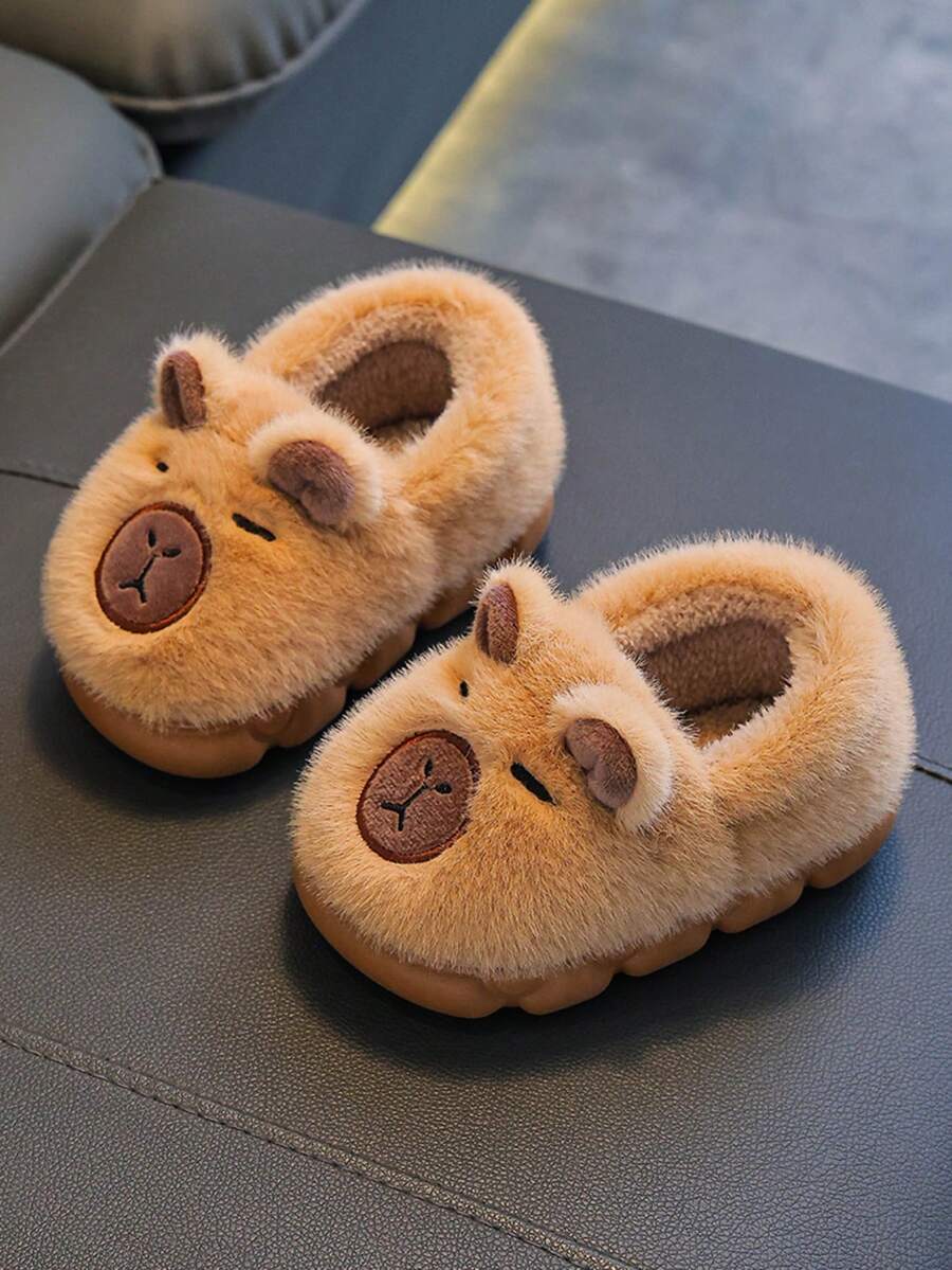 1 Pair Kids Capybara Plush Cartoon Decor Soft Bottom Lightweight Indoor Slippers, Suitable For Boys And Girls, Backless And Warm For Indoor Wear