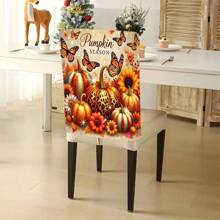 1pc/4pcs/6pcs/10pcs Autumn Series Pumpkin & Floral Butterfly Pattern Plush Chair Cover, Removable Short Plush Material Chair Slipcover, Chair Back Protector Cover, Suitable For All Seasons, Holiday Decor Chair Cover, For Dining Room, Living Room, Home Chair Protection, With Back Protection, Applicable To Dining Room, Office, Living Room, Hotel And Home Decor