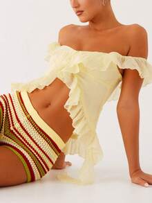 Women Y2k Frill Trim Off Shoulder Top Low Cut Sleeveless Irregular Ruffle Tassel  Showing Navel Cami Shirt Summer Going Out Tank Crop Top Party Club Streetwear - 黃色 - 查看 5