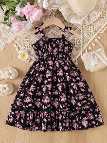 Girls Floral Print Camisole Dress With Bow & Ruffle Hem - Pink - View 2