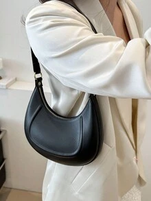 1pc Zipper Closure PU Solid Color Crescent Underarm Bag, Fashion Retro Shoulder Bag For Office/Work, Versatile For Women Daily Use - Black - View 7