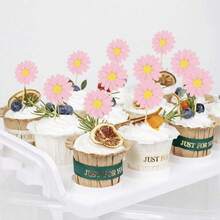 6 pièces/12 pièces/24 pièces Fleurs roses blanches jaunes de marguerite, Décorations de cupcakes pour anniversaire, mariage, fête. Fournitures DIY pour la décoration de cupcakes