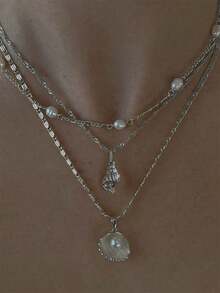 1 Set Of 3pcs Shell, Pearl & Seashell Necklace, Beach Style Necklace Set, Suitable For Women's Daily Wear - Silver - View 1
