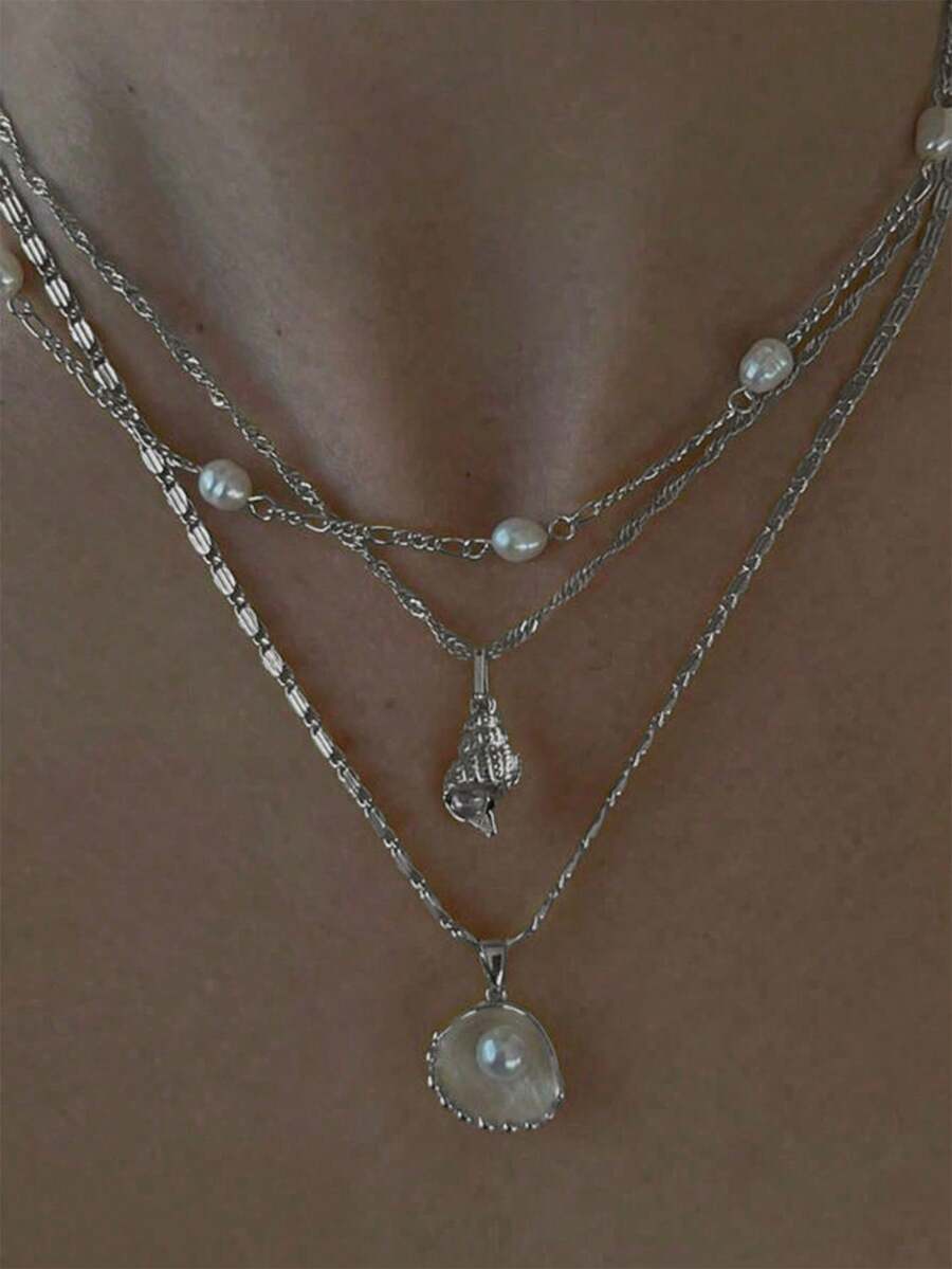 1 Set Of 3pcs Shell, Pearl & Seashell Necklace, Beach Style Necklace Set, Suitable For Women's Daily Wear - Silver - View 1