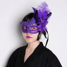Masquerade Half Face Covering Feather Rhinestone Lace Flower Embroidered Facewear For Halloween Party Stage - 紫色 - 查看 4