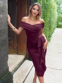 CurvySweet Elegant Vintage Ruffle Cold-Shoulder High Stretch Strapless Midi Dress In Burgundy, Built-In Bra, Semi-Formal Cocktail Gown, Wedding Guest Dress, Valentines Day Dress