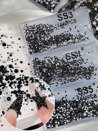 1440 piezas Conjunto de Rhinestones redondos planos sólidos negros - Decoraciones de cristal premium, Decoración de uñas 3D, Decoración de uñas de figuritas, Manicura, Conjunto de 1440 piezas