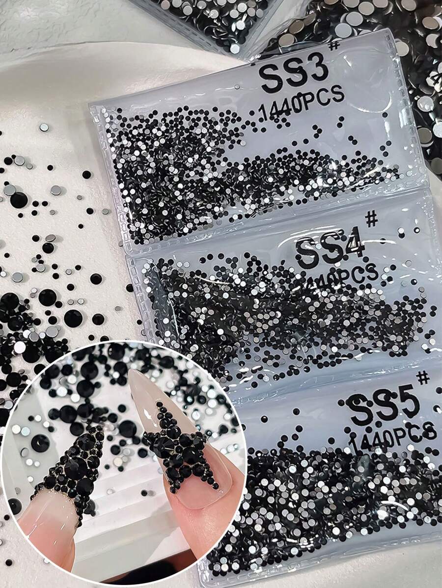 1440颗黑色实心圆形扁平水钻套装 - 高级水晶装饰，3D美甲，人偶美甲装饰，美甲，1440颗套装