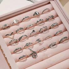 25Pcs Vintage Bohemian Stacking Rings Set  Moon Sun Star Tree Elephant Snake Love Phrases Family Strength Peace Jewelry For Women Girls Daily Resort - Bạc 1 - Xem 4