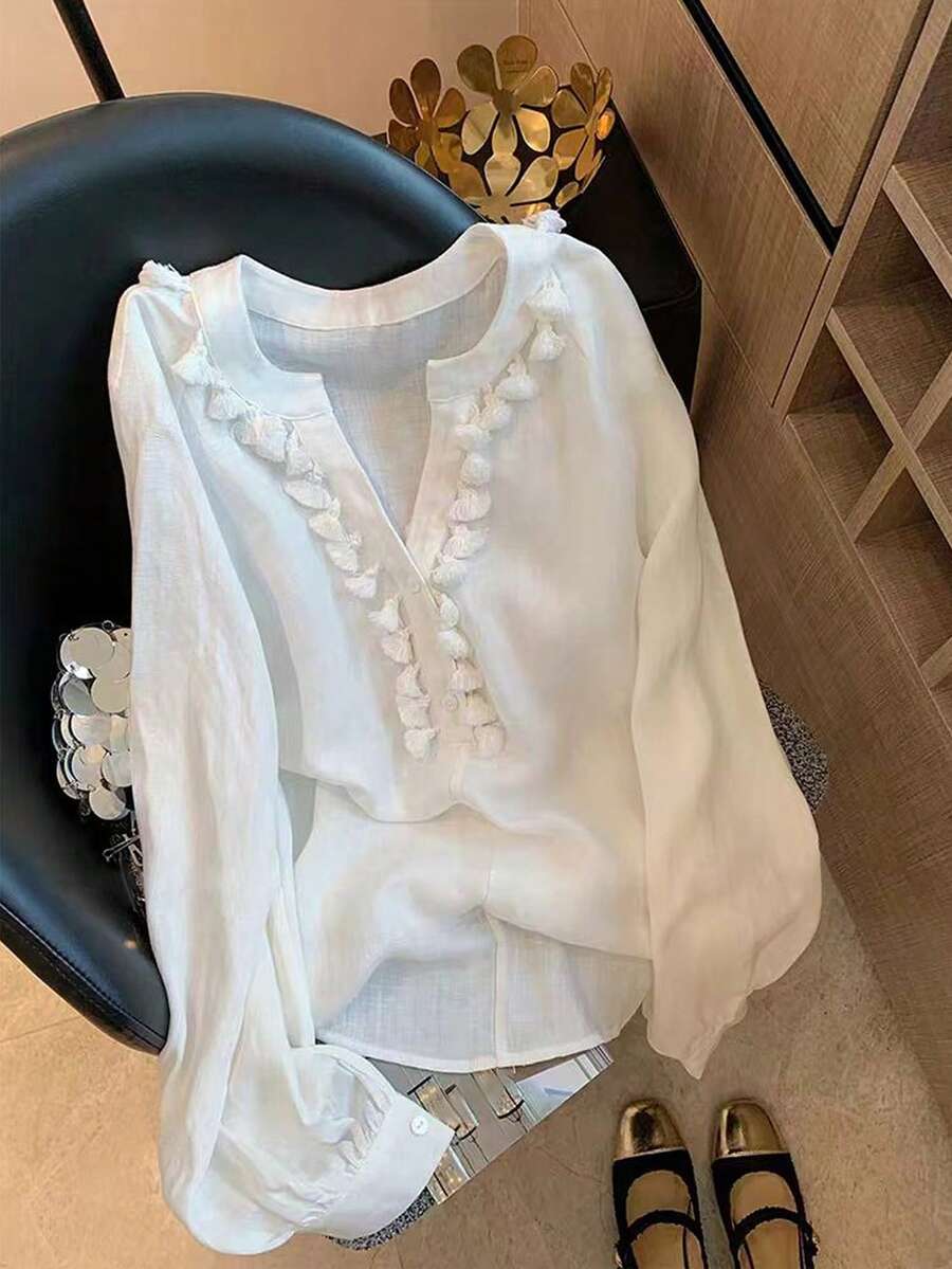 Blusa unicolor de manga larga con botones, elegante y romántica, estilo retro casual para vacaciones