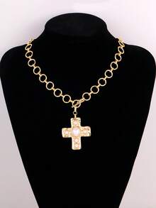 Hammered Bold Cross Necklace Thick Chain Set For Women Men Chunky Golden Silvery Statement Pendant Necklace Vintage Chain Pendant Jewelry - Silver - View 6