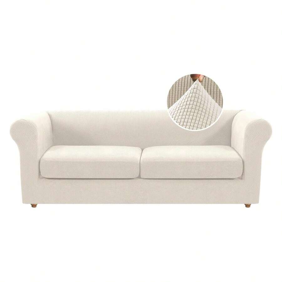 3 Piece Chesterfield Sofa Cover For 2 Cushion Couch High Arm Sofa Slipcovers 2 Seat High Stretch Washable Furniture Protector For Dogs Pet Ivory, XL-Loveseat