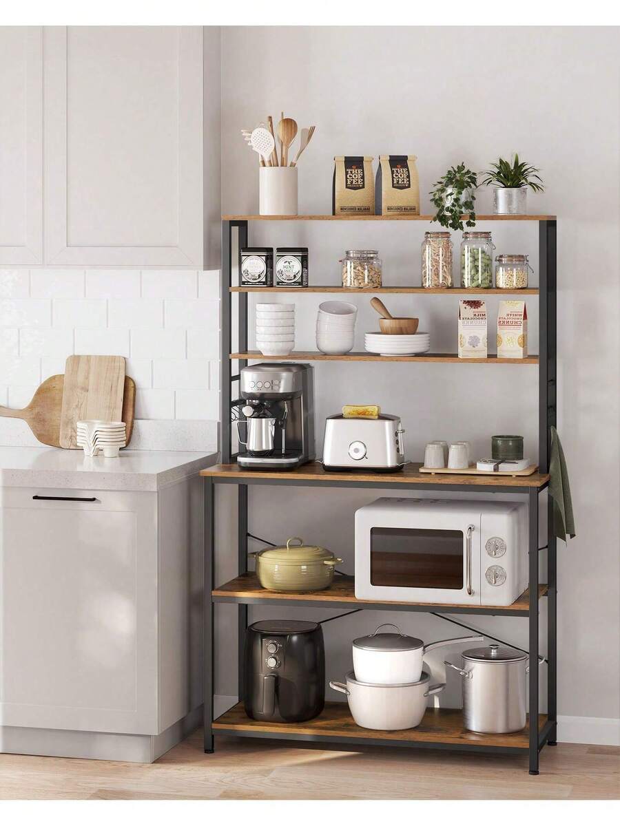 Kitchen Storage Rack, Coffee Bar, Baker's Rack, Total 6 Shelves And 6 Hooks, For Microwave, Steel Frame, Industrial, 40 X 100 X 167 Cm, Rustic Brown And Black - 鏽棕色 - 查看 1