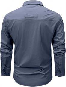 Men's Shirt With Multiple Pockets, Quick-Drying And Breathable, Suitable For Outdoor Hiking And Mountaineering; Simple Solid-Color Men's Shirts, Suitable For Spring, Summer, And Autumn Wear. - 霧霾藍 - 查看 3